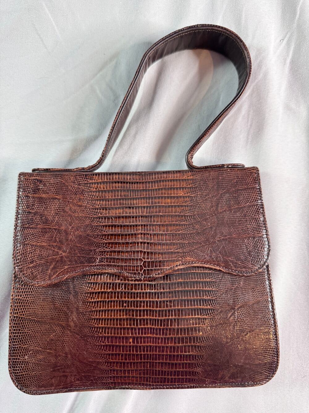 Vintage Genuine Lizard Skin Brown Top Handle Handbag Purse 1950s 1960s Accordion